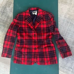 DKNY Blazer Womens Sz 12 Red Blue Plaid 100% Wool Tweed Preppy Lined Classic